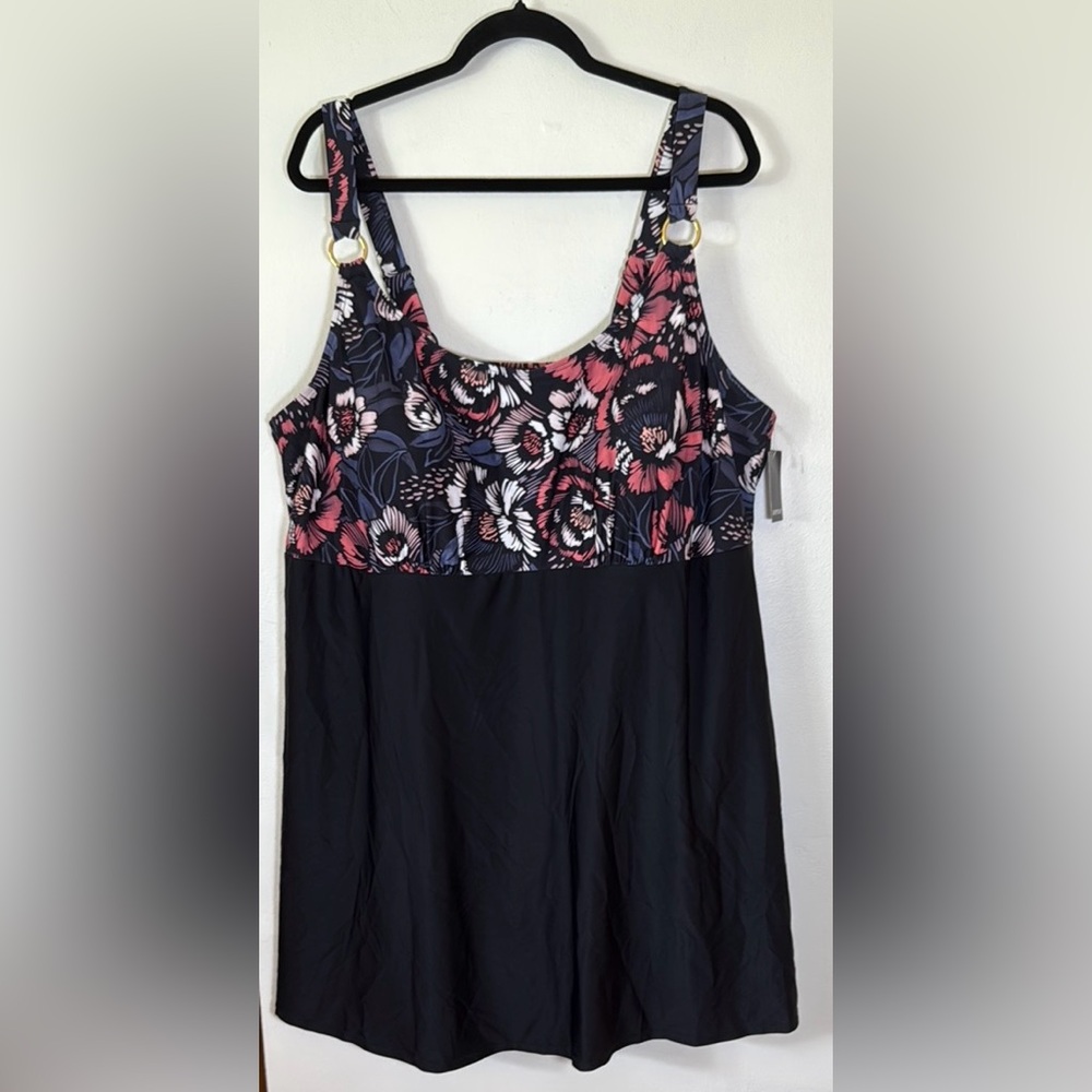 Avenue Floral Black One-Piece Empire Waist Swim Dress SKU0238